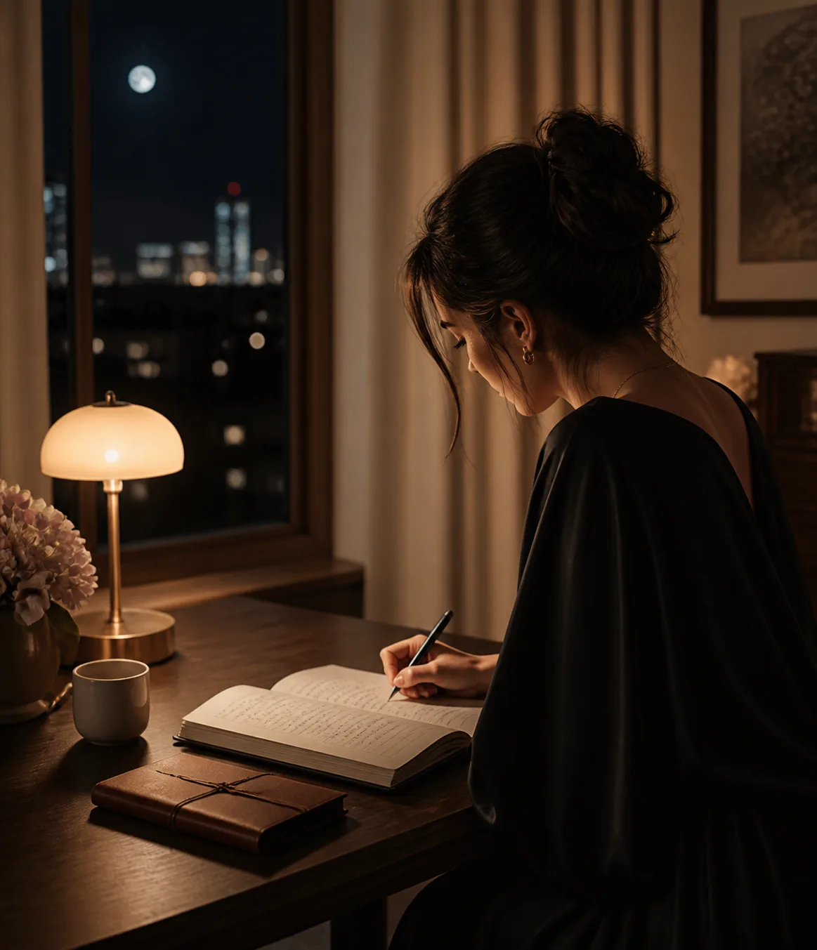 A woman writing privately in a moonlit journal